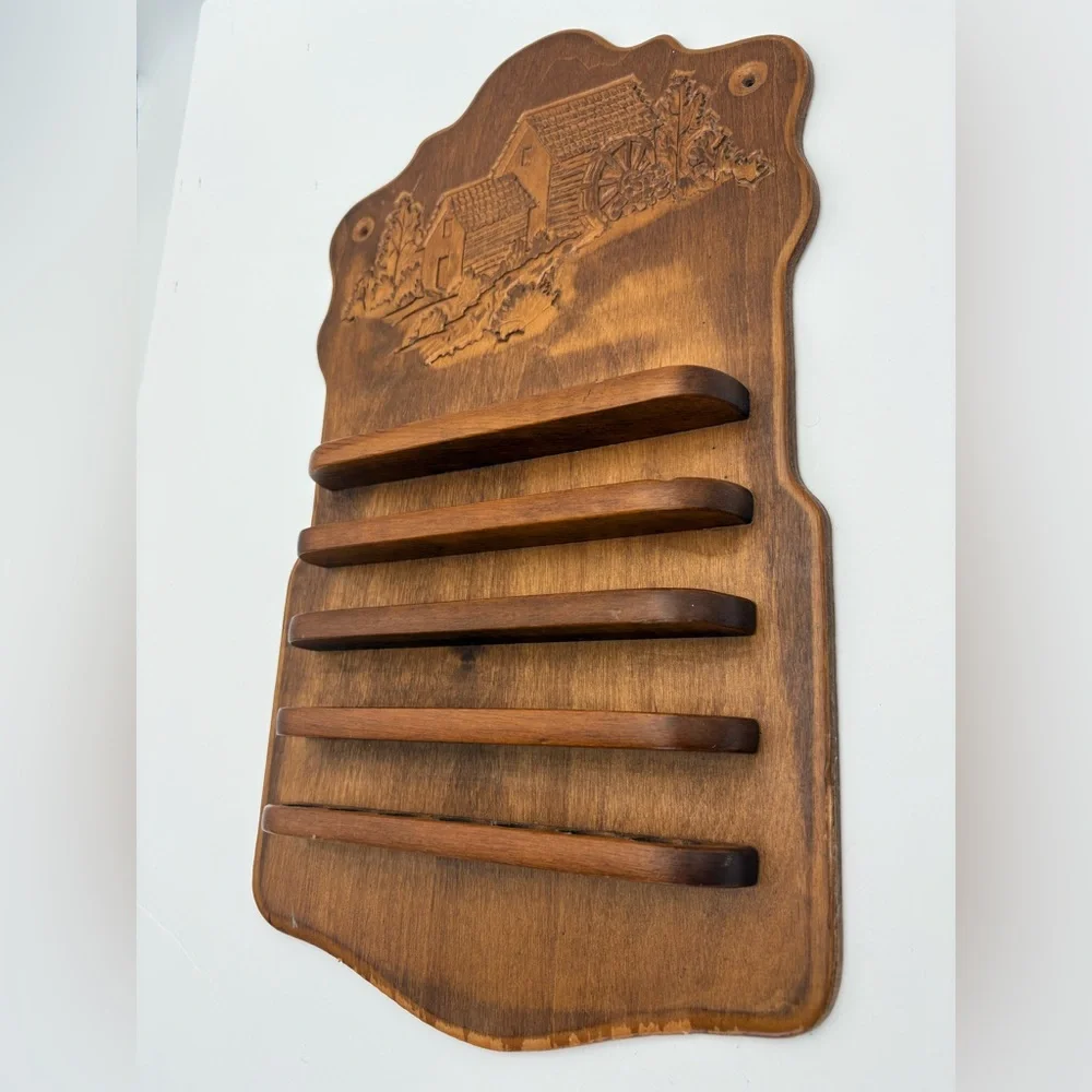 Vintage Wooden Thimble Rack Display with Carved Water Wheel Mill Design
